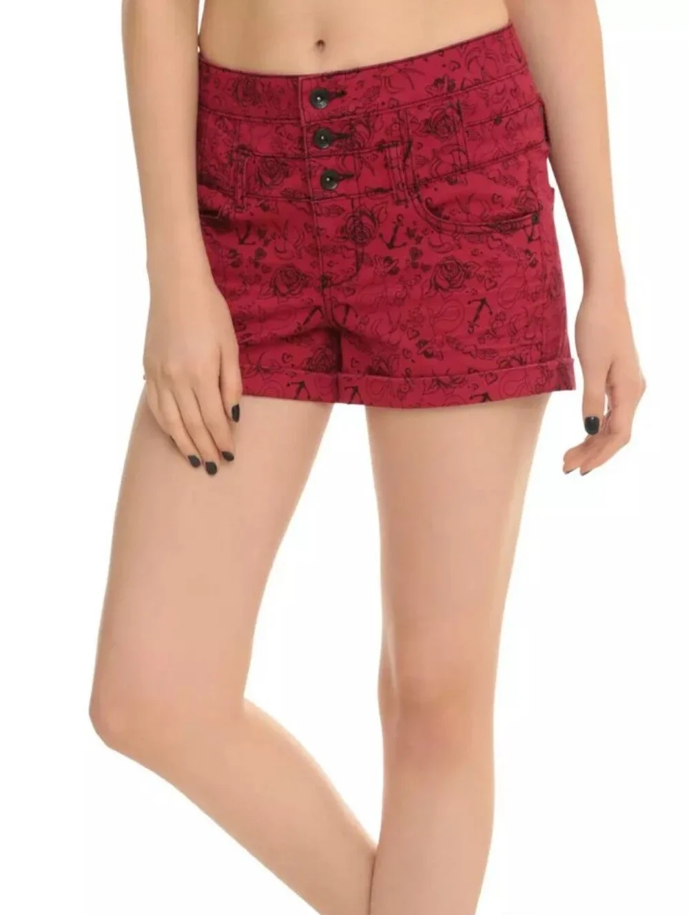 LOVEsick Red Pin-Up High-Waisted Shorts A pair of red high-waisted shorts with a